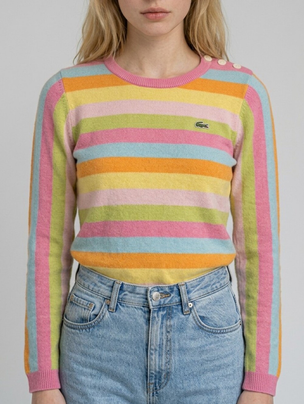Lacoste 100% Cashmere Long Sleeve Sweater Rainbow Striped Crew Neck Size S
